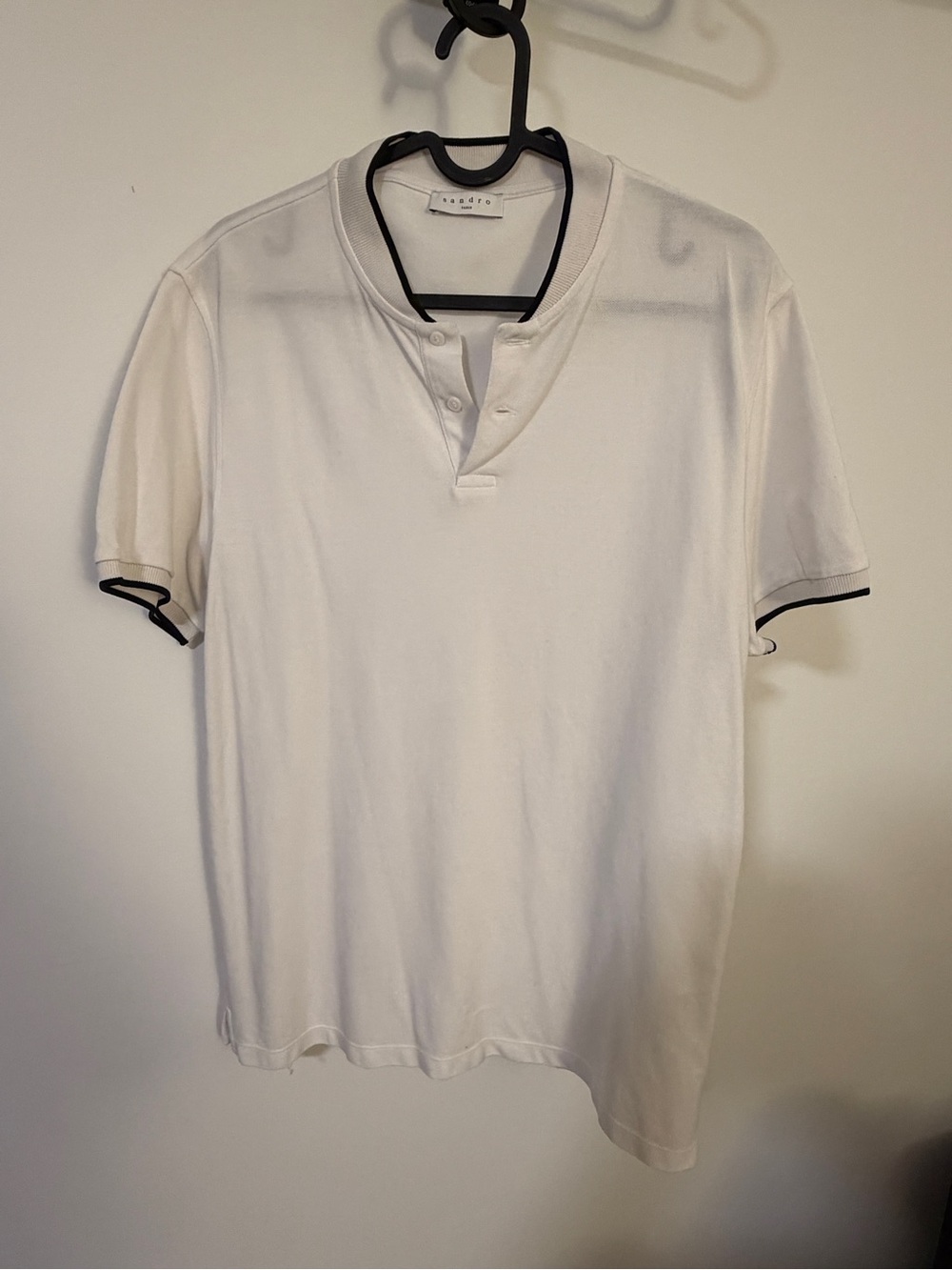 Sandro White Short-Sleeve Henley Polo with Black Trim